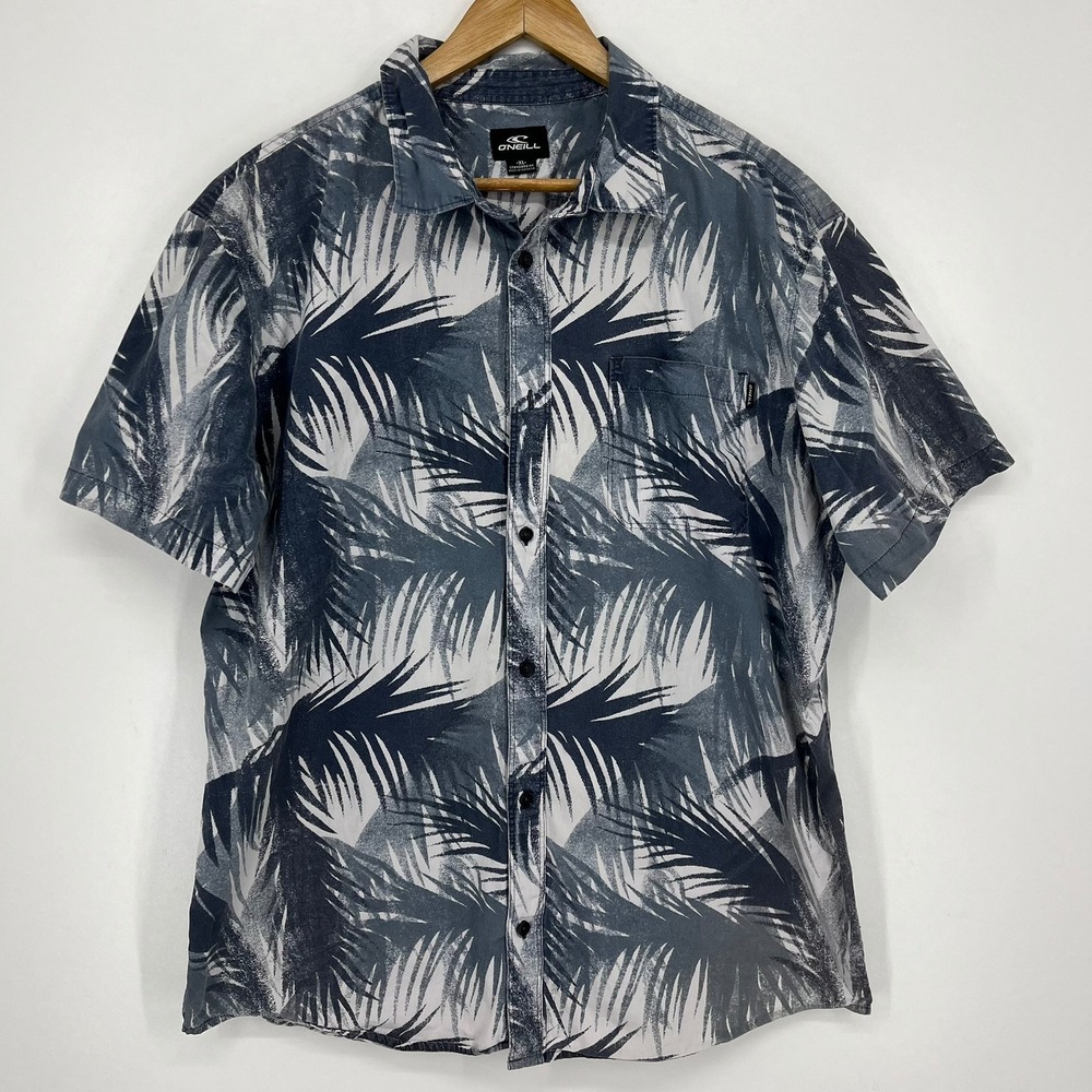 ONeill Mens XL Blue White Tropical Palm Print Short Sleeve Button Down Shirt